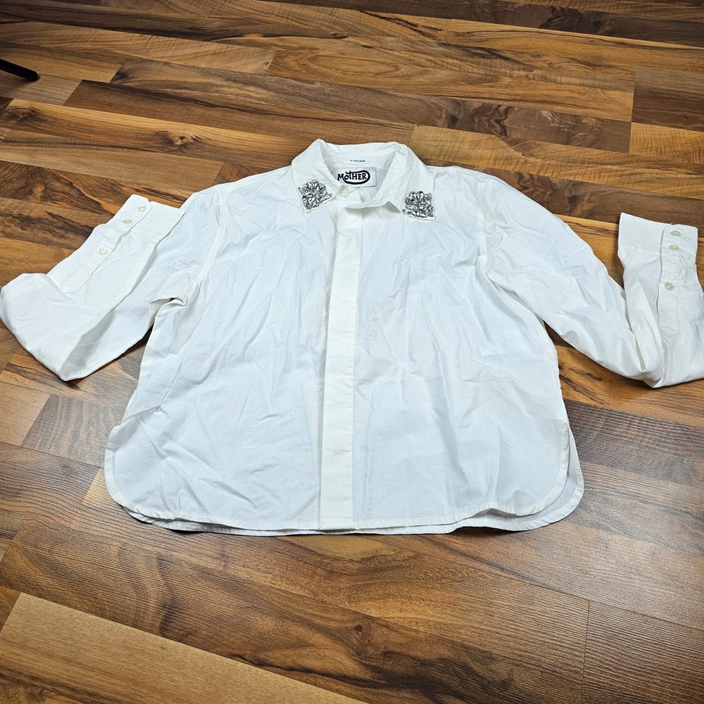 Mother The Honor Shirt XS White Crystal Embellished Collar Luxury‎ Button Down